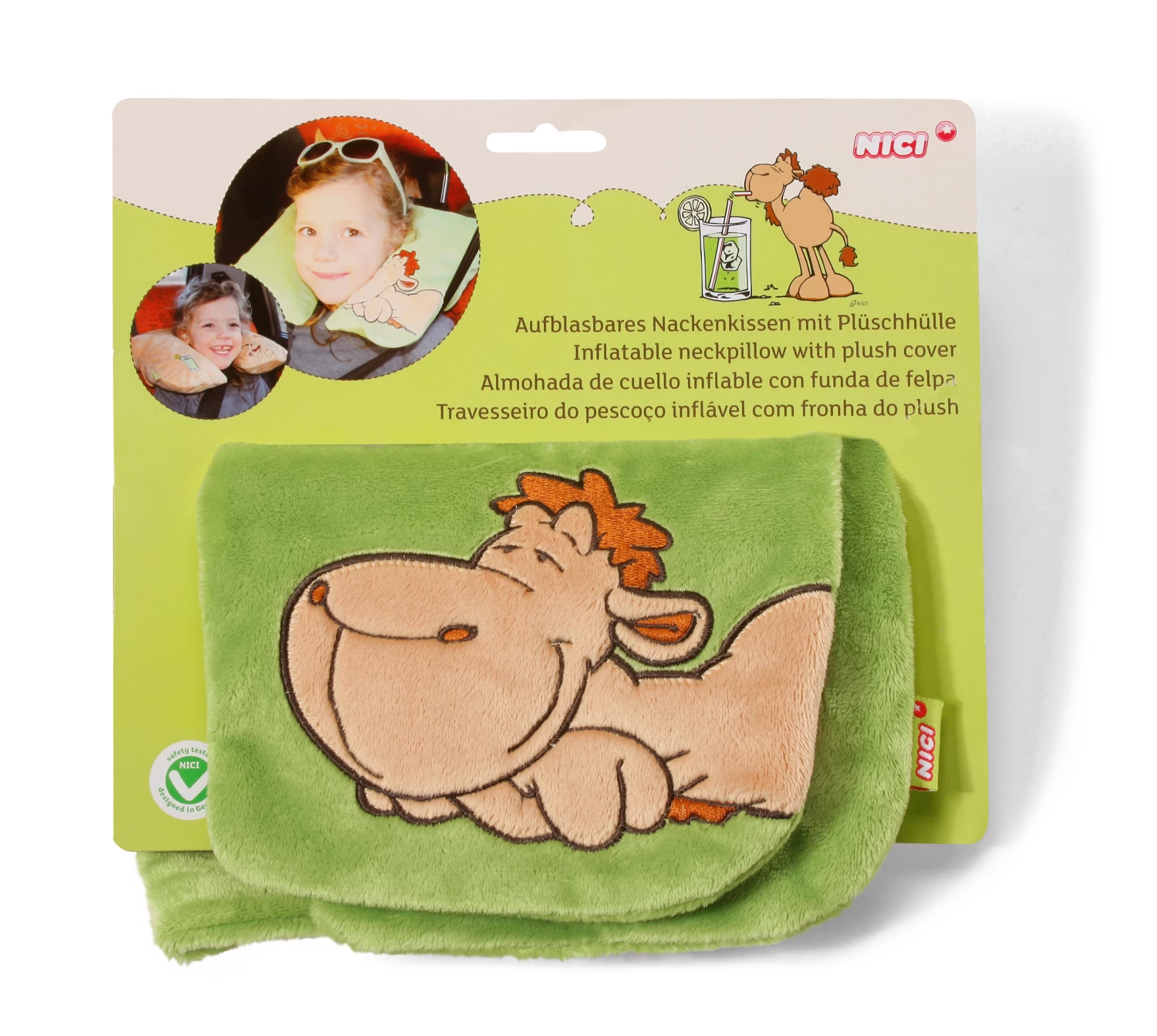 Nici 52056 Aufblasbares Nackenkissen Mit Plüschhülle Kamel Grün
