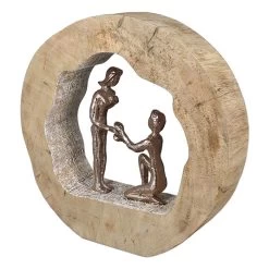 Gilde Skulptur "Antrag" Massive Mangoholzscheibe Mit Figuren Bronzefarben 28cm