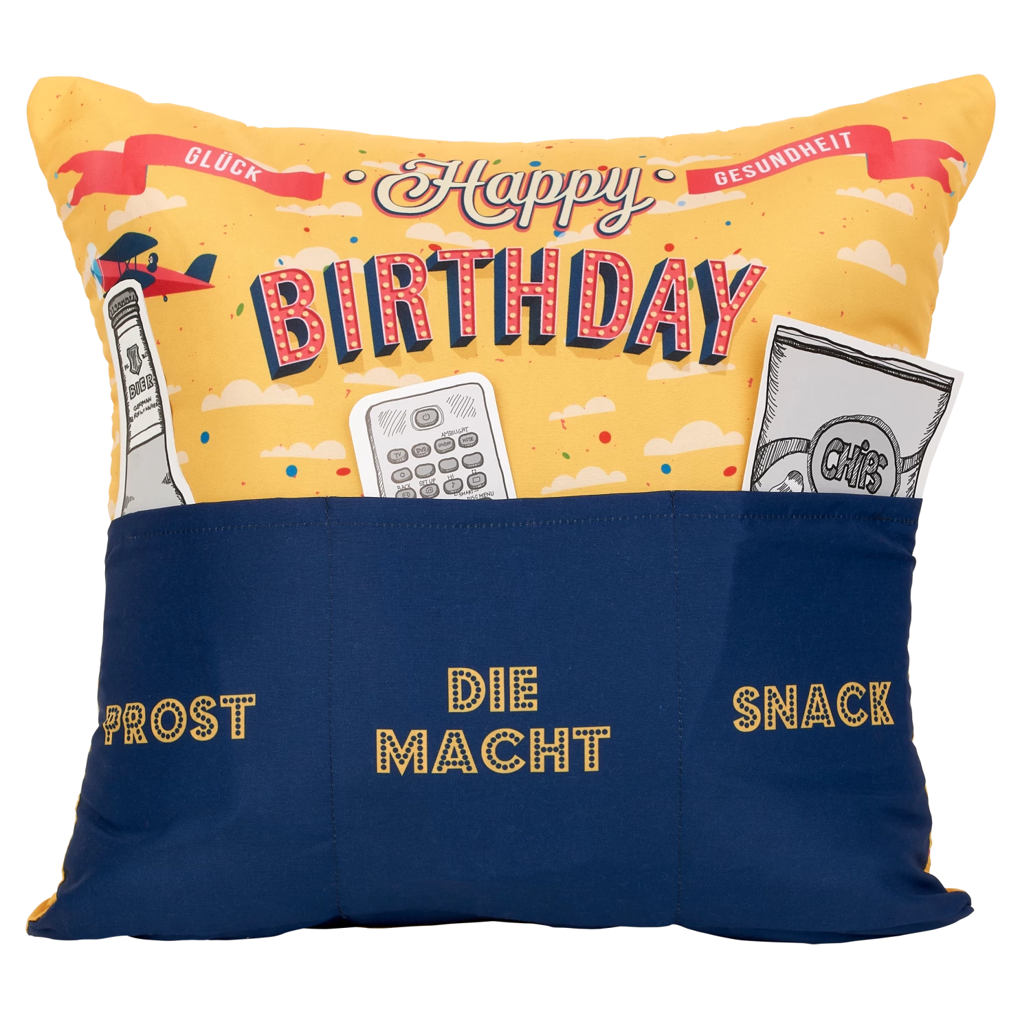 Hergo Sofahelden Kissen M. Taschen 43x43cm - Happy Birthday Retro Gelb/blau 8793